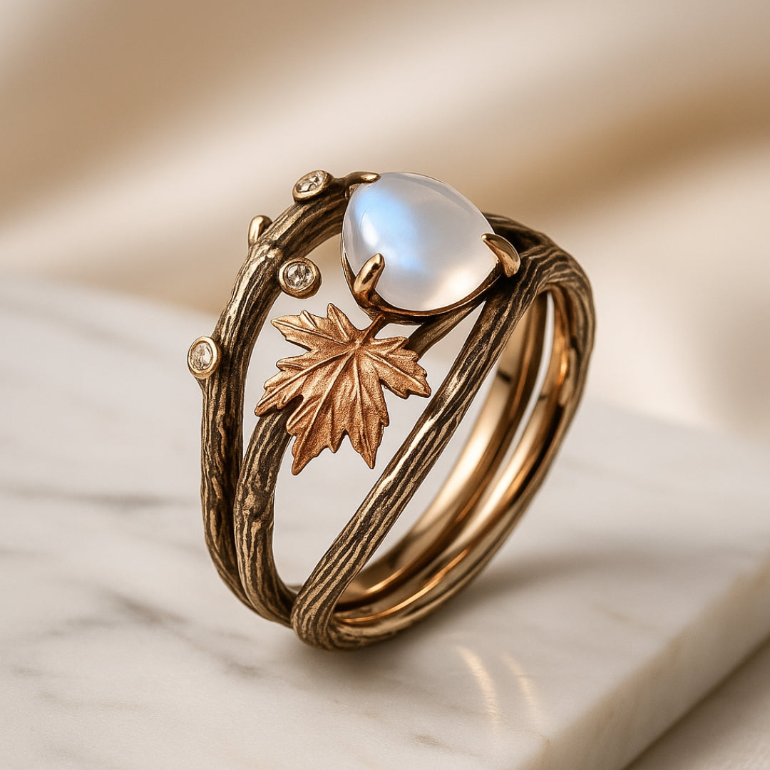 Celestia – Ring featuring moonstone and natural charm