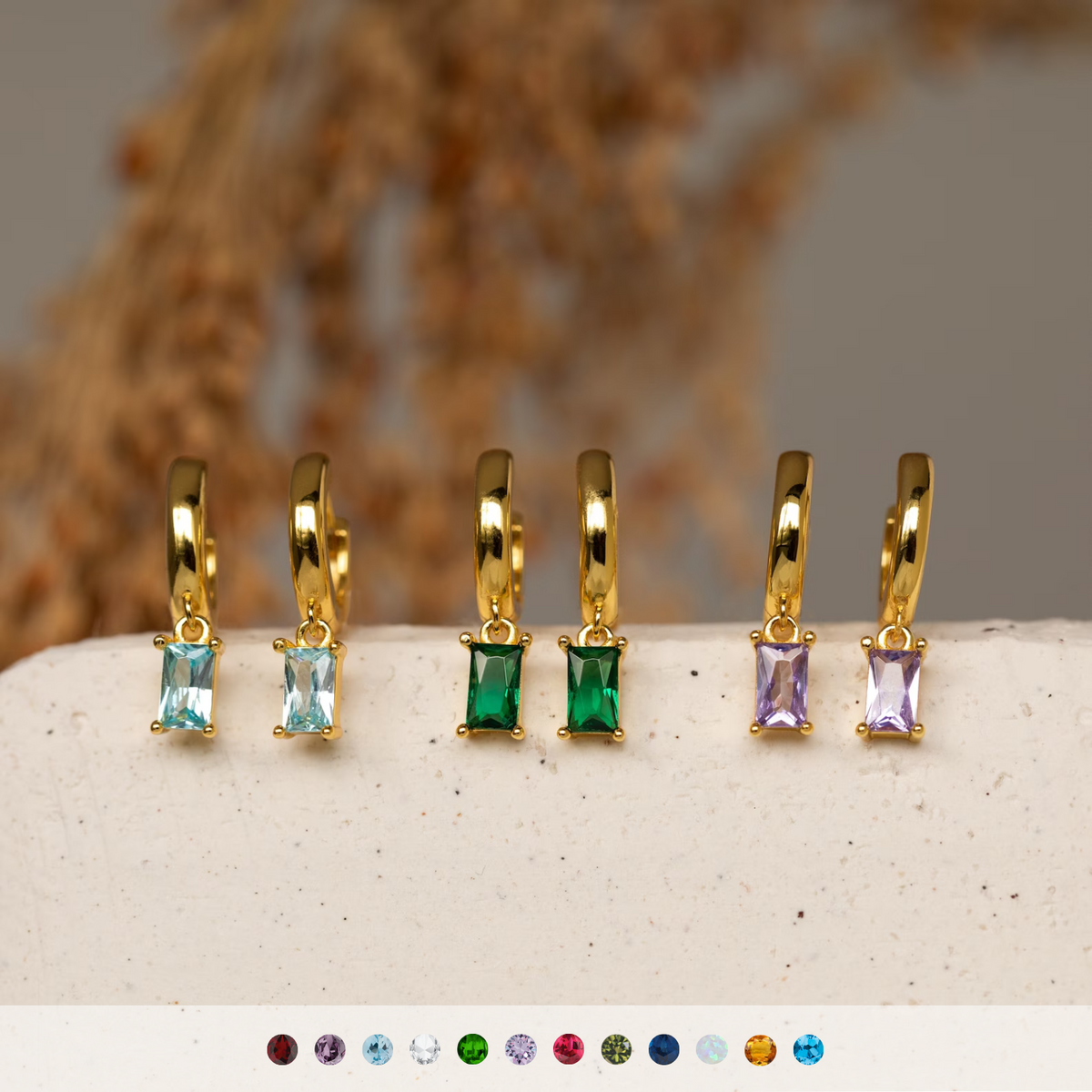 Baguette Birthstone Rings - Huggie Earrings with Birthstones