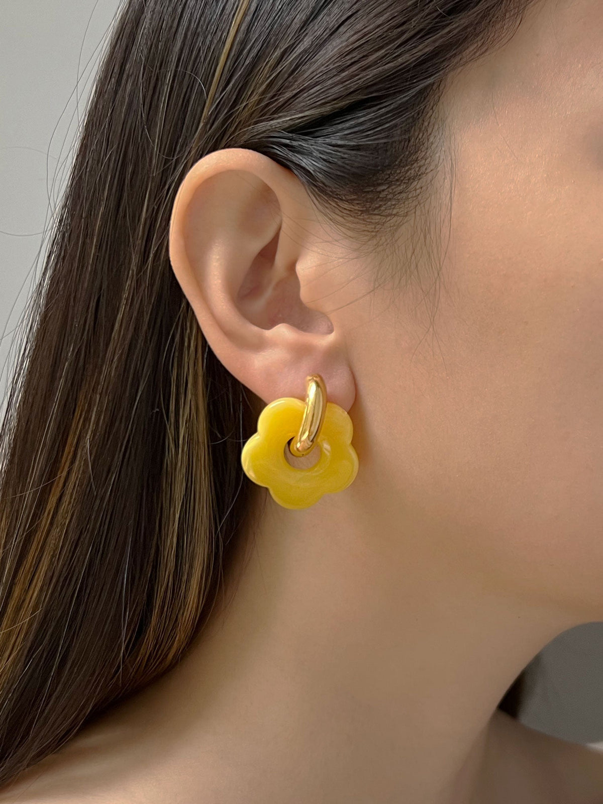 Yellow Donut Hoops with Flower Pendant