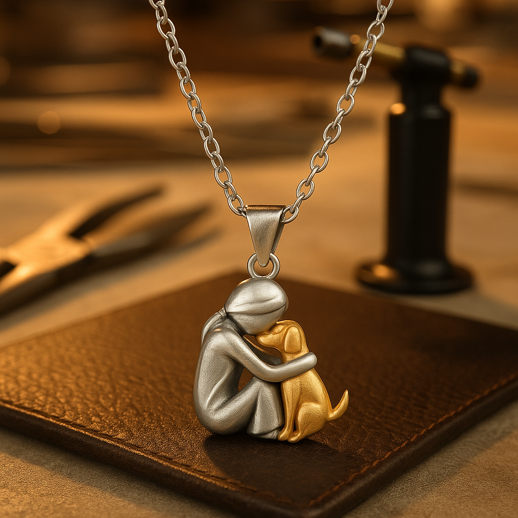 Miwa – Necklace featuring a young girl and dog in embrace