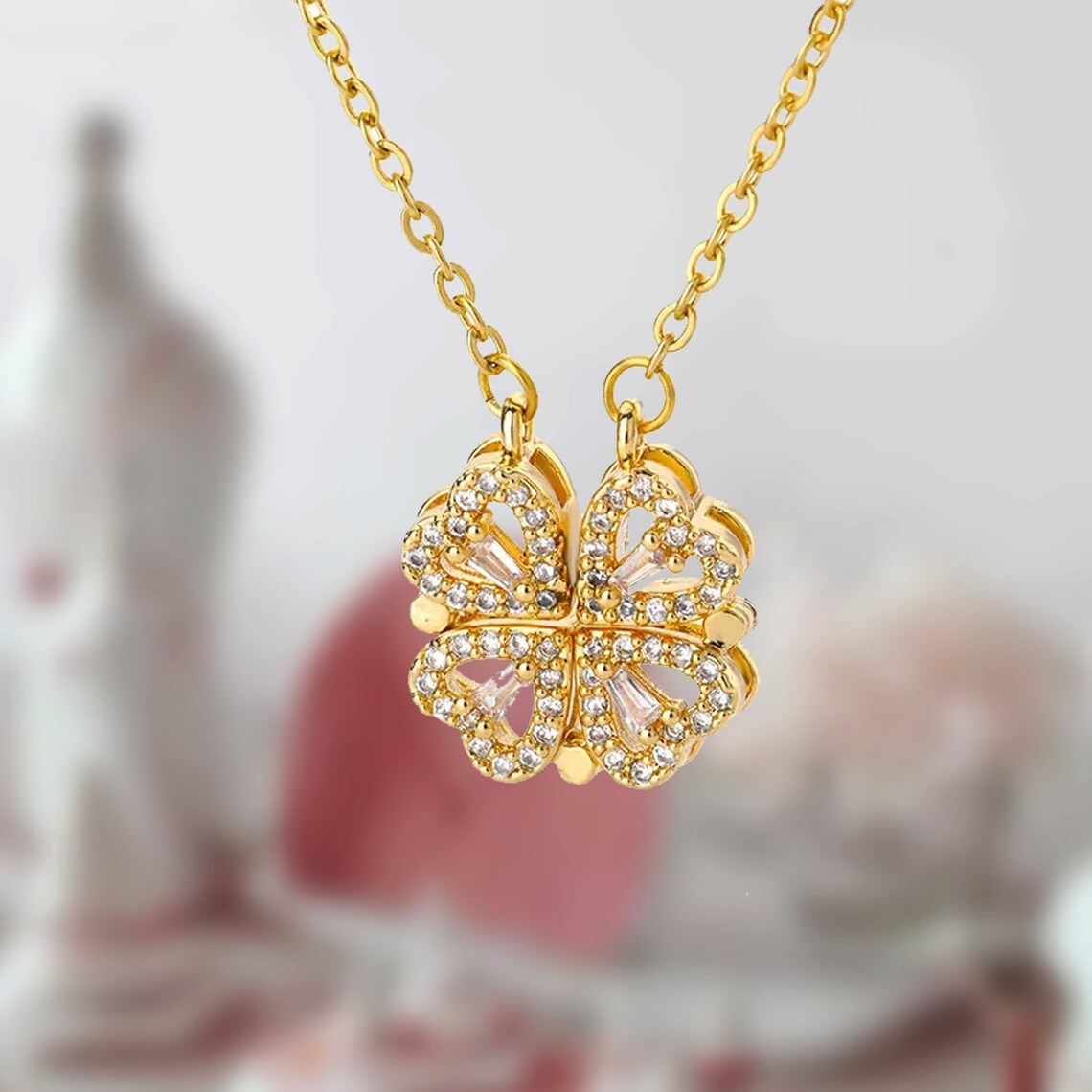 Necklace Featuring Four-Leaf Clover - Magnetic Heart Pendant