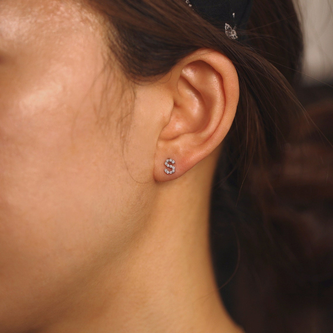 CZ silver initial earrings - subtle studs