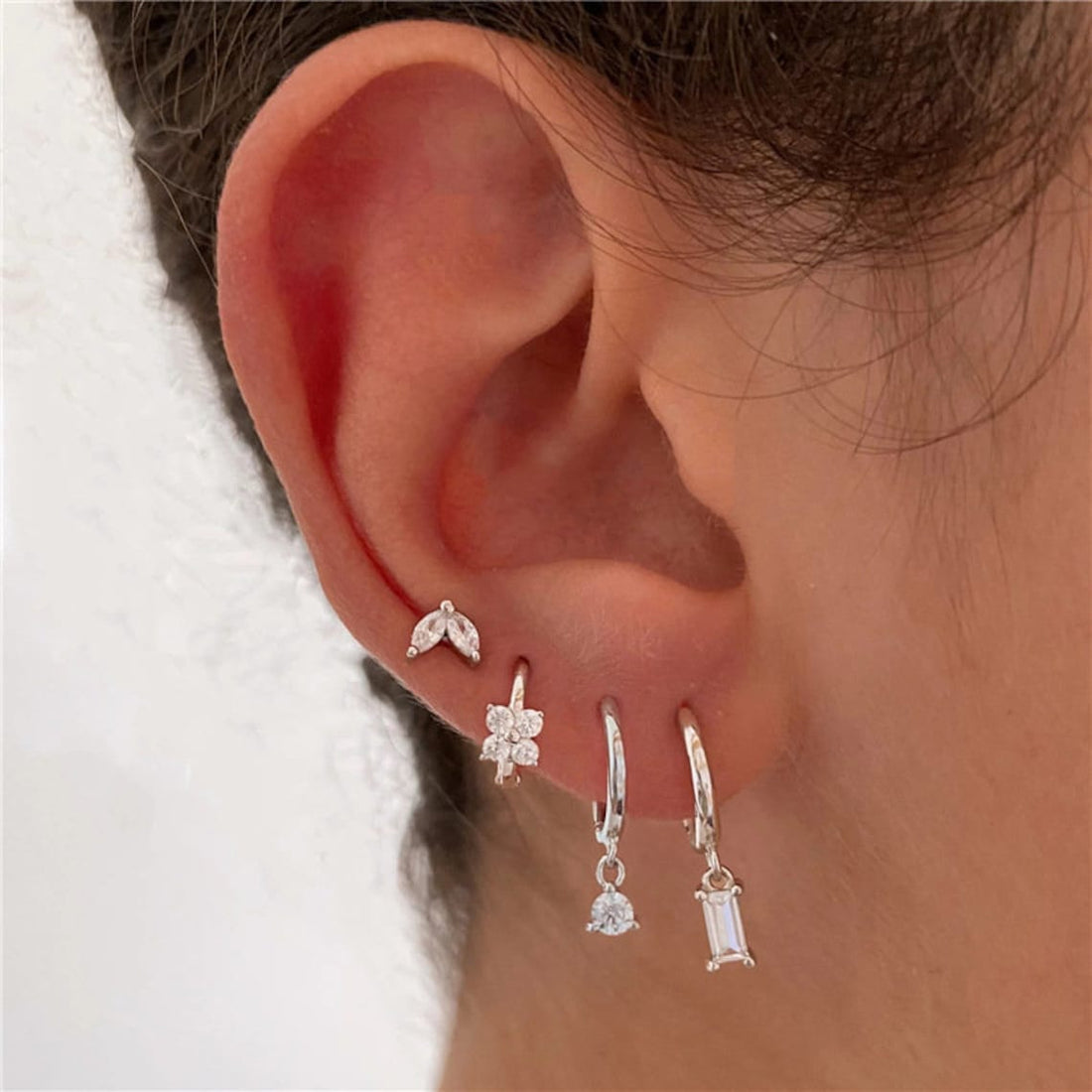 4-Piece Earring Collection - Geometric Marquise Floral Zirconia