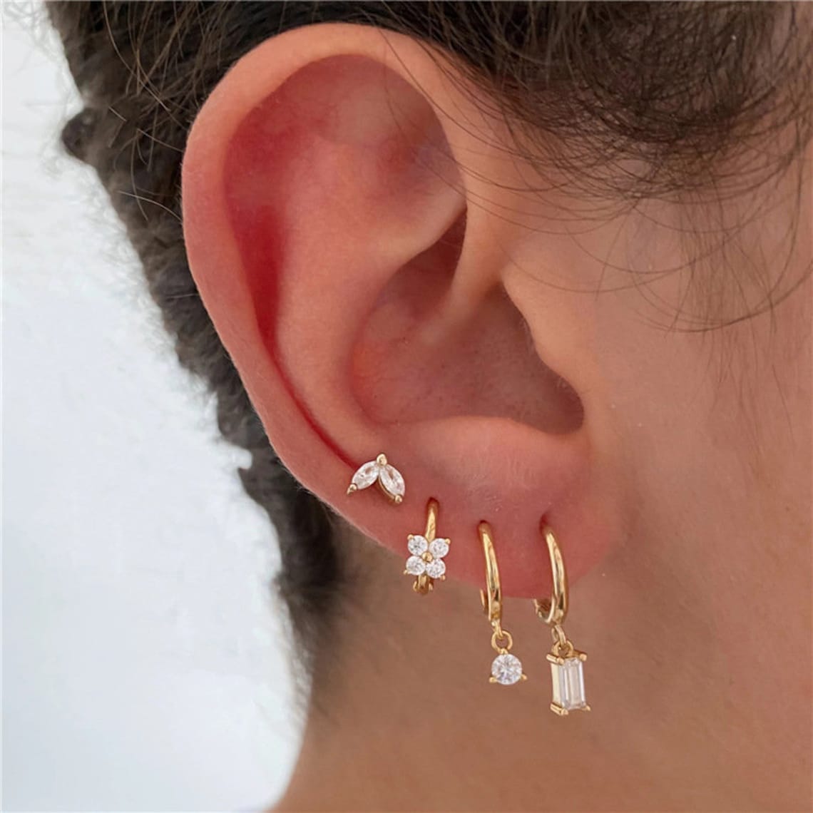 4-Piece Earring Collection - Geometric Marquise Floral Zirconia