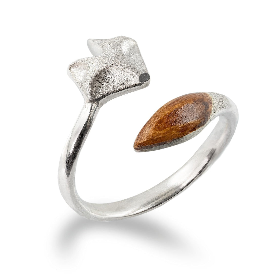 Adjustable Fox Ring Crafted from Wood - Fox Face Silver Ring
