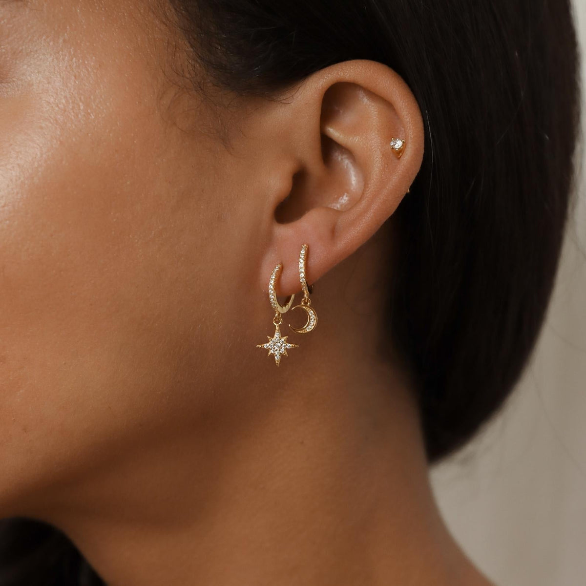 Star & Moon Earrings - Inlay Rhinestone Huggies