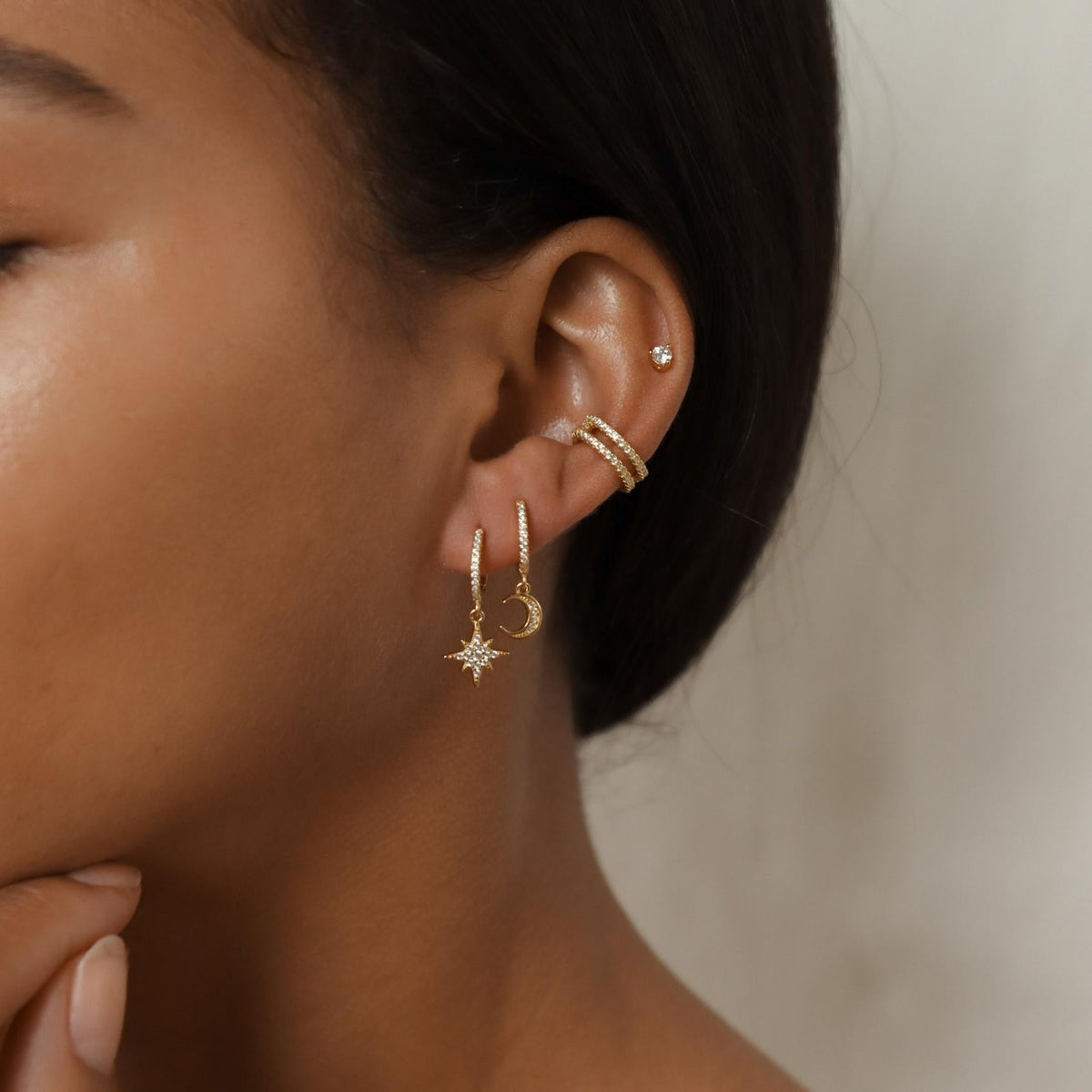 Star & Moon Earrings - Inlay Rhinestone Huggies