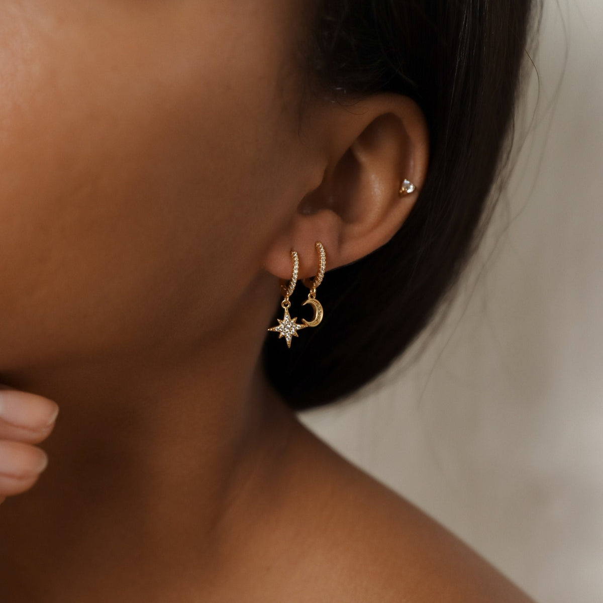 Star & Moon Earrings - Inlay Rhinestone Huggies