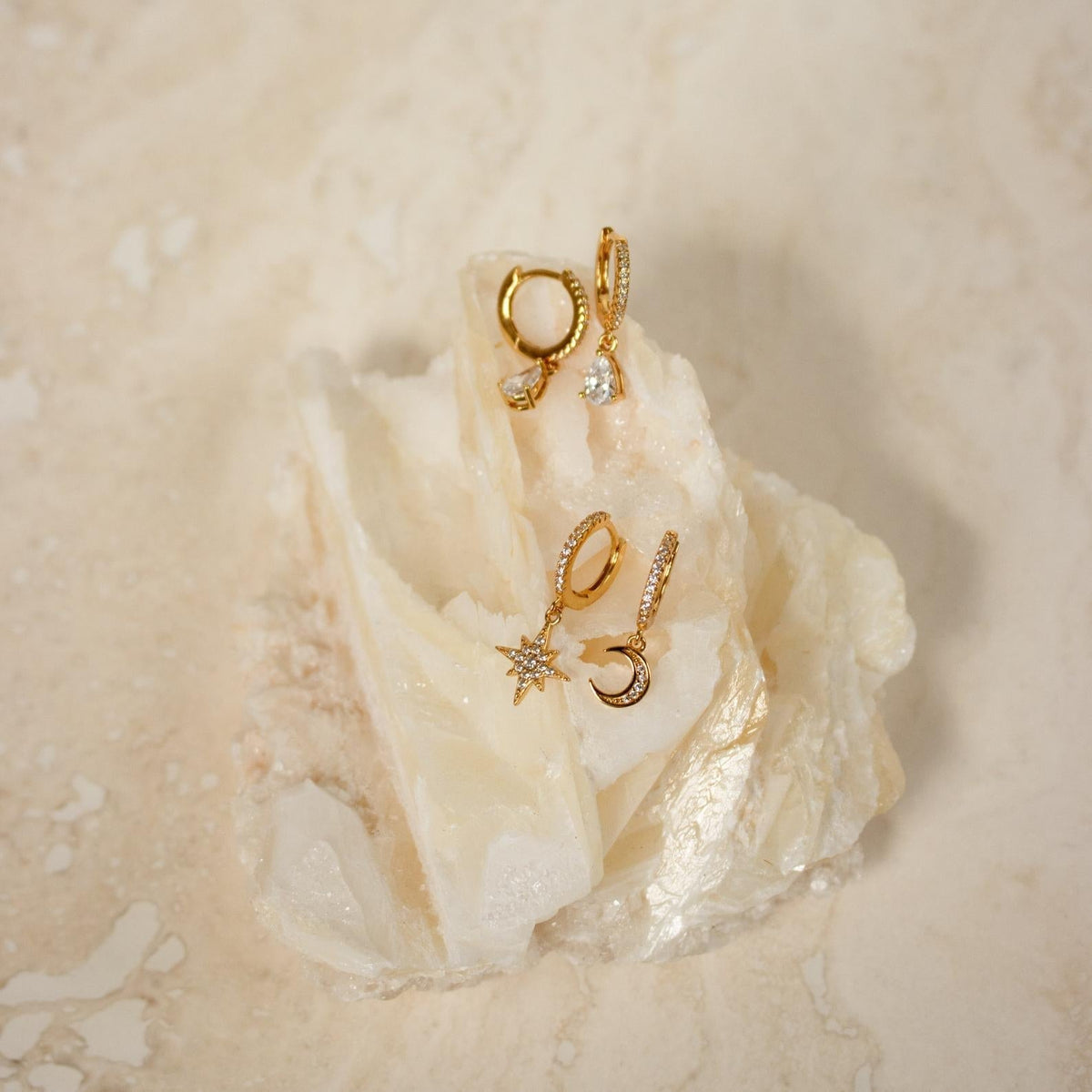 Star & Moon Earrings - Inlay Rhinestone Huggies