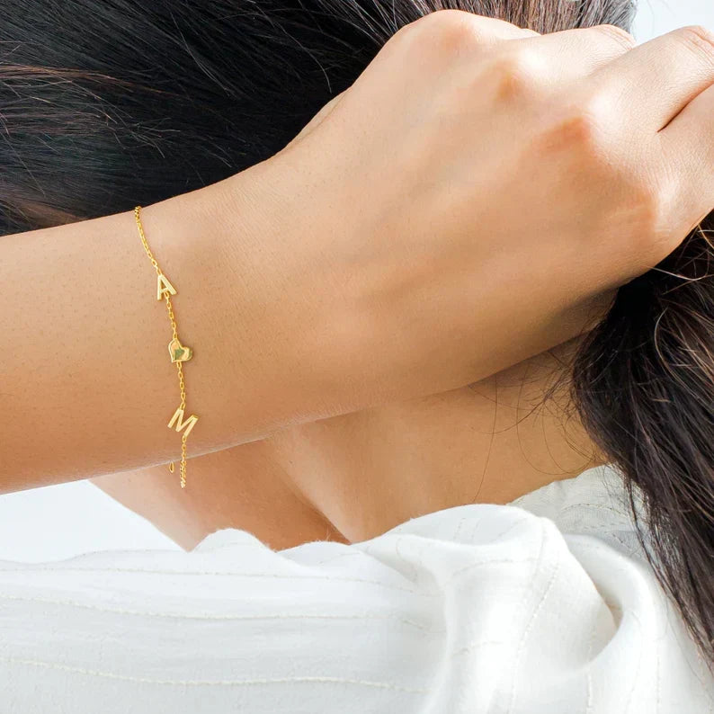 Double Initials Bracelet - Double Love Heart Bracelet for Her