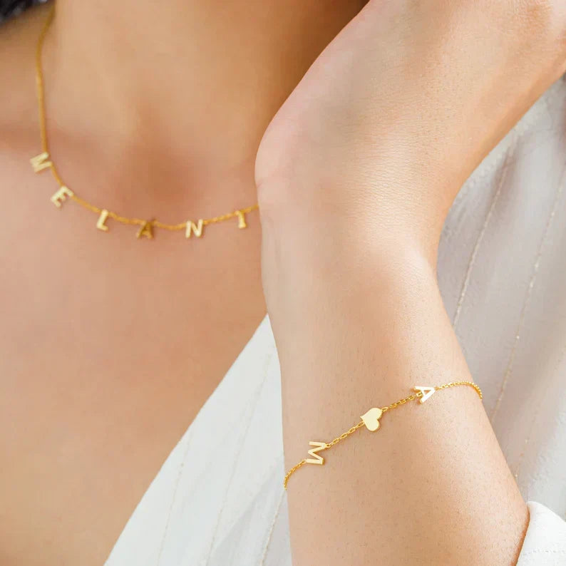 Double Initials Bracelet - Double Love Heart Bracelet for Her