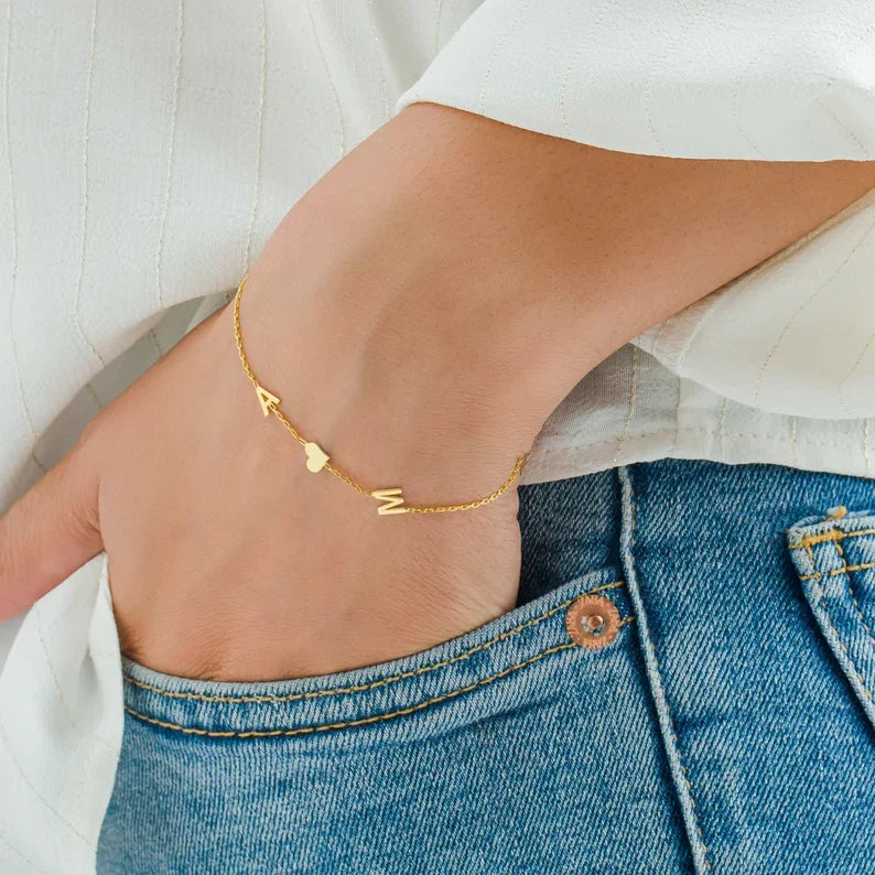 Double Initials Bracelet - Double Love Heart Bracelet for Her