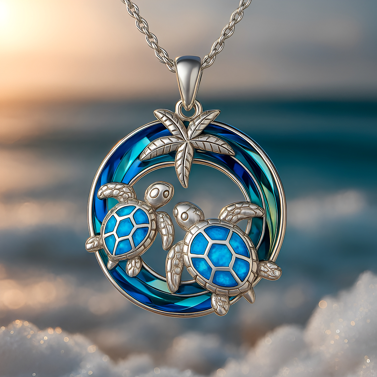 Nolwen – Necklace with Turtle and Palm and Opal Circle