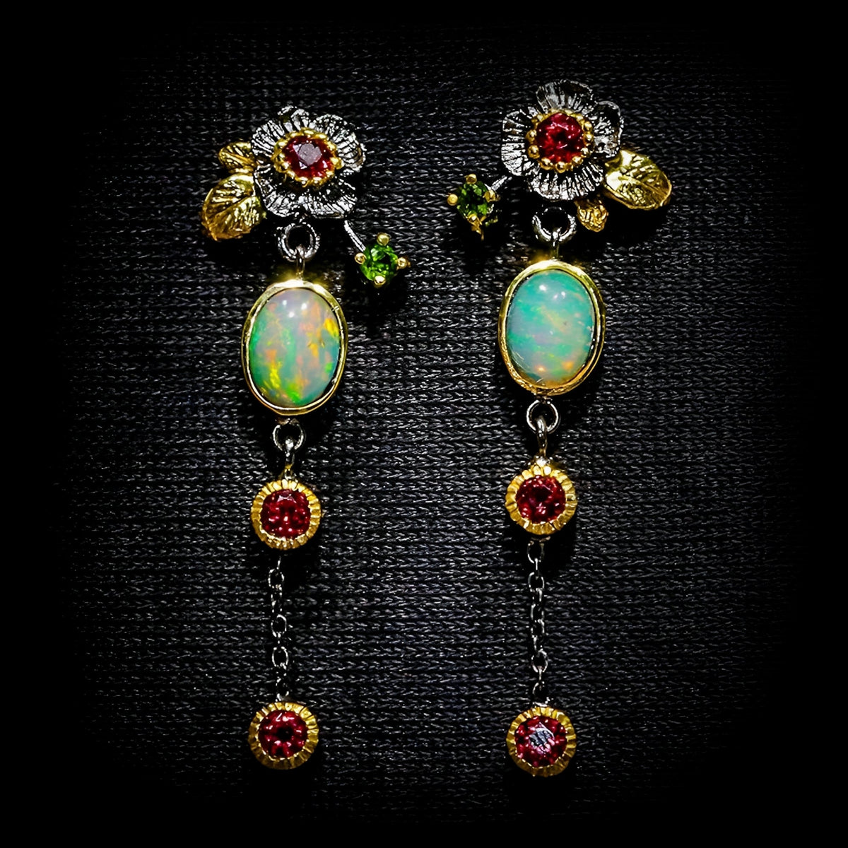 Yara – Boho earrings featuring opal and red zirconia