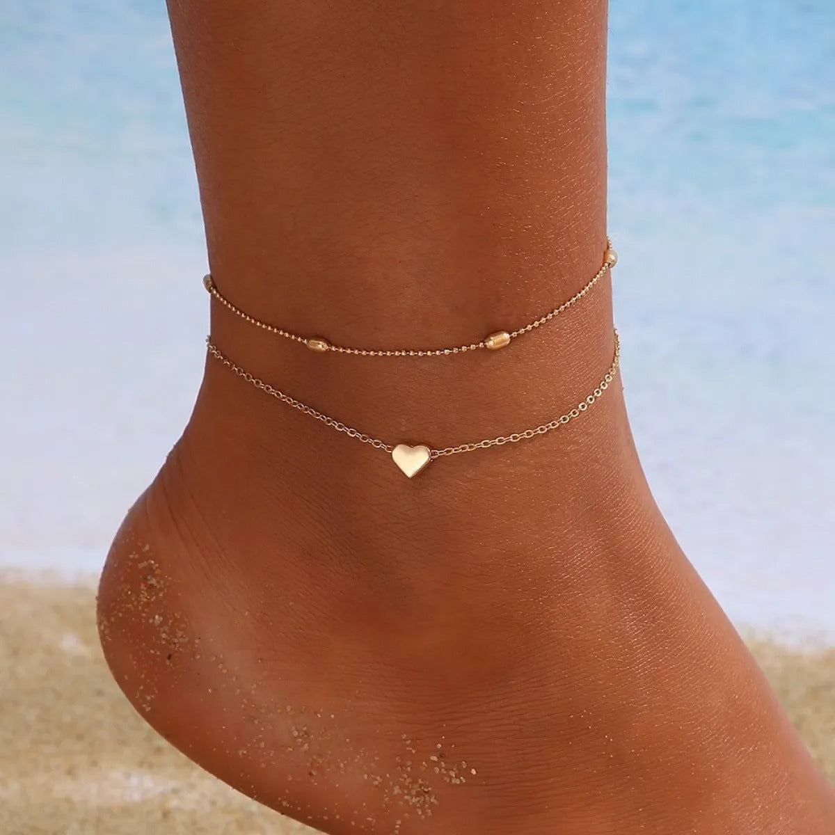 Raisa – Double Anklet with Hearts and Pearls