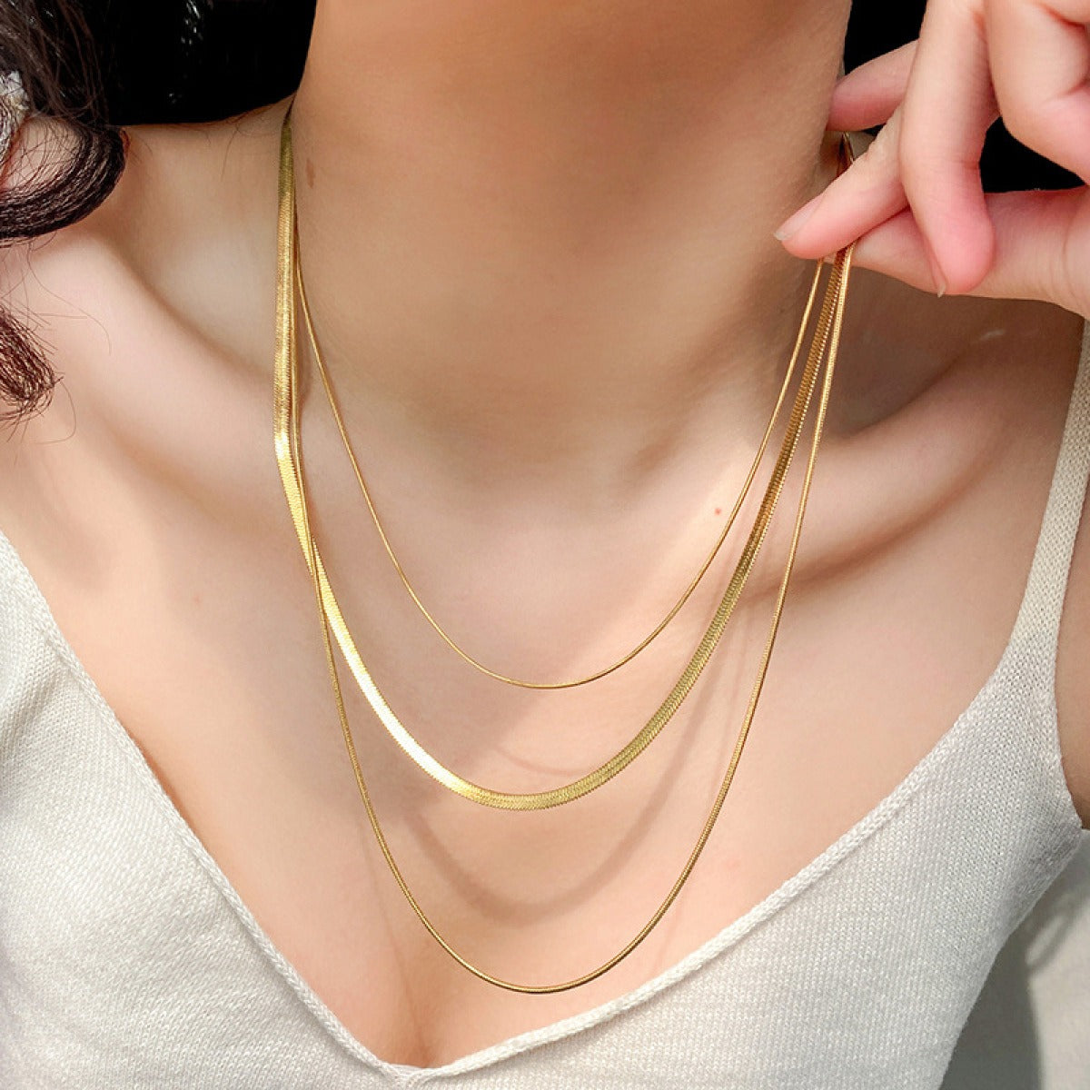 Ashley – Golden 3-Row Snake Chain Necklace