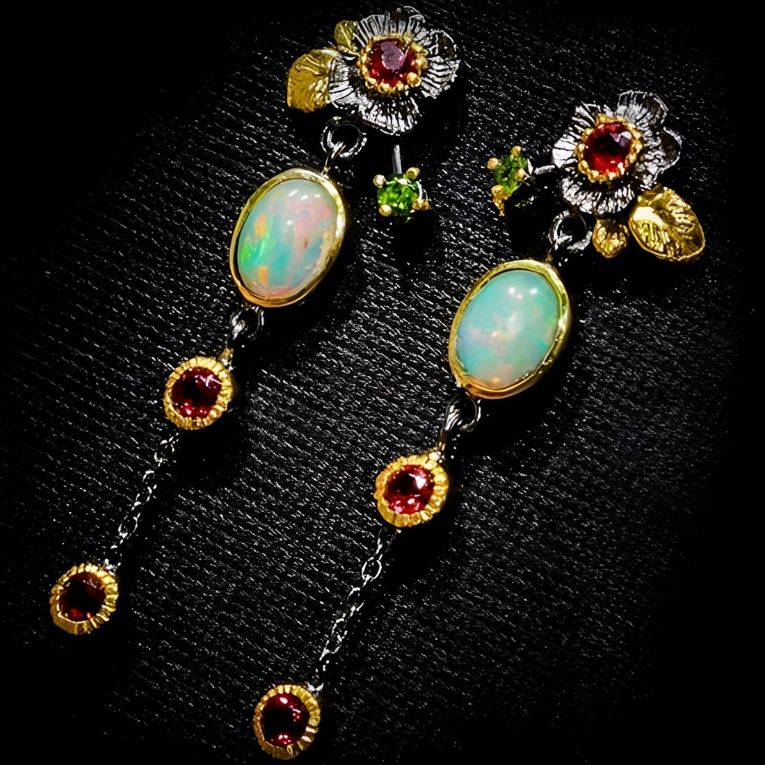 Yara – Boho earrings featuring opal and red zirconia