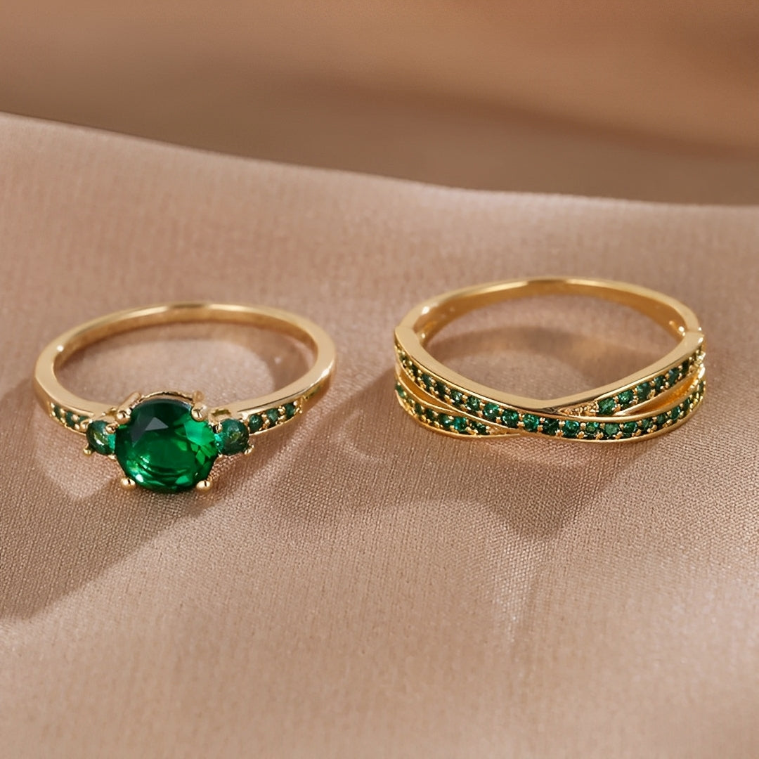 Ivy – Ring Set with Green Crystals