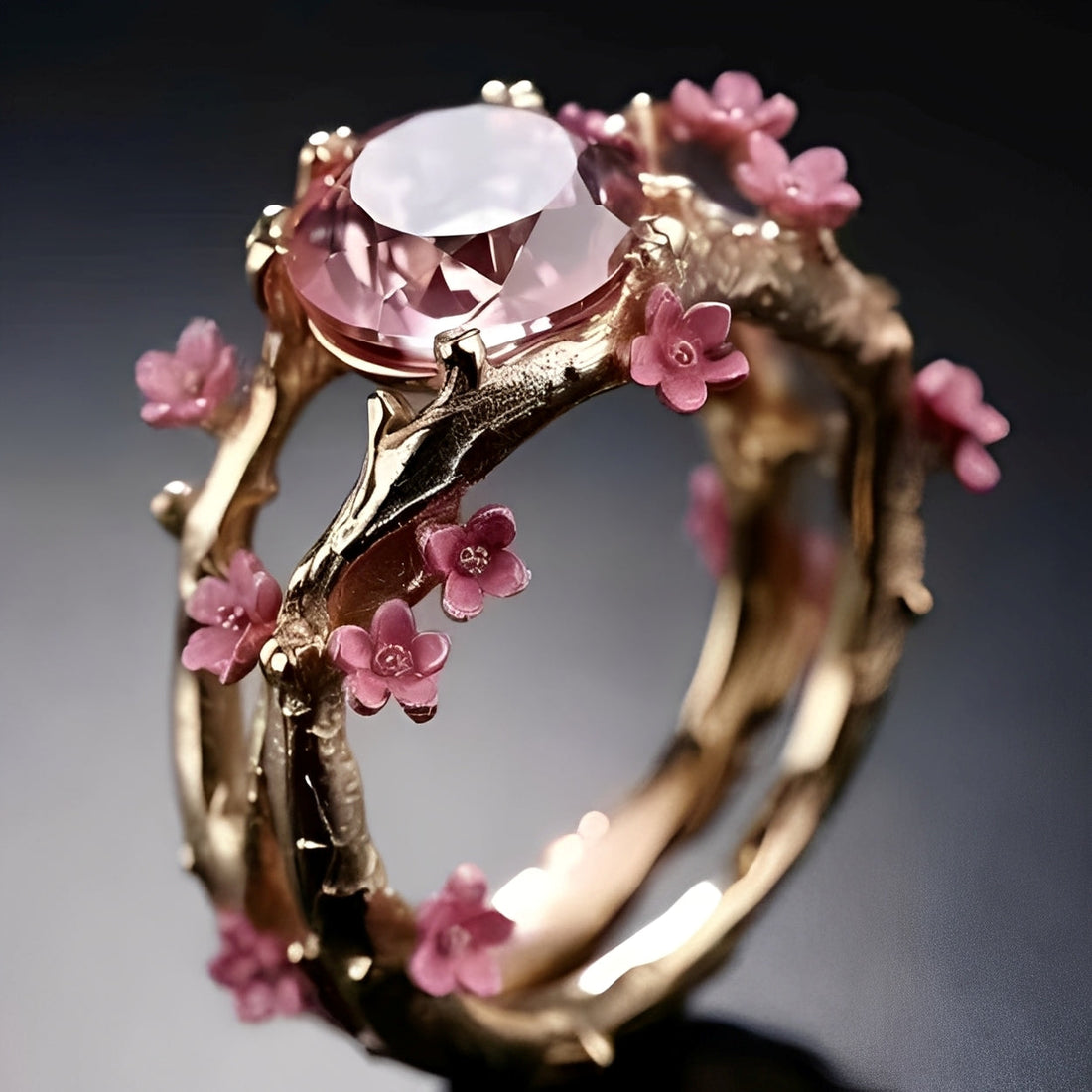 Elina – Enchanted Gold Ring with Pink Crystal and Flower