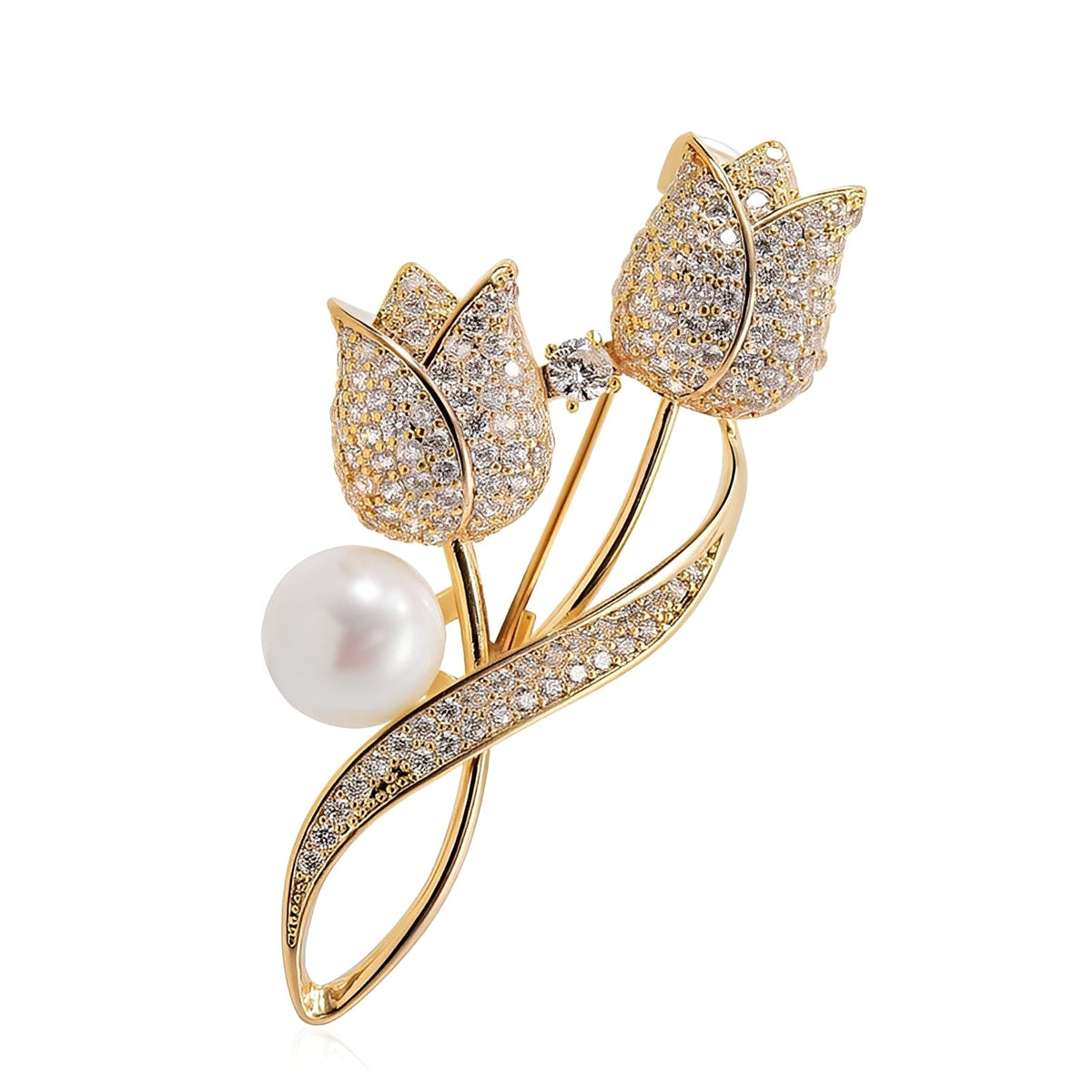 Jackie – Golden Tulip Brooch with Zircon & Pearl, Gold