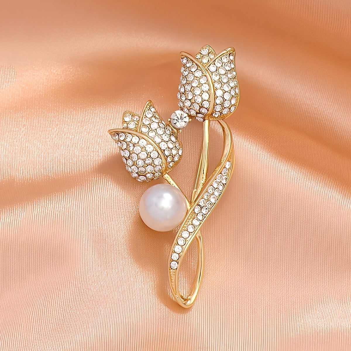 Jackie – Golden Tulip Brooch with Zircon & Pearl, Gold