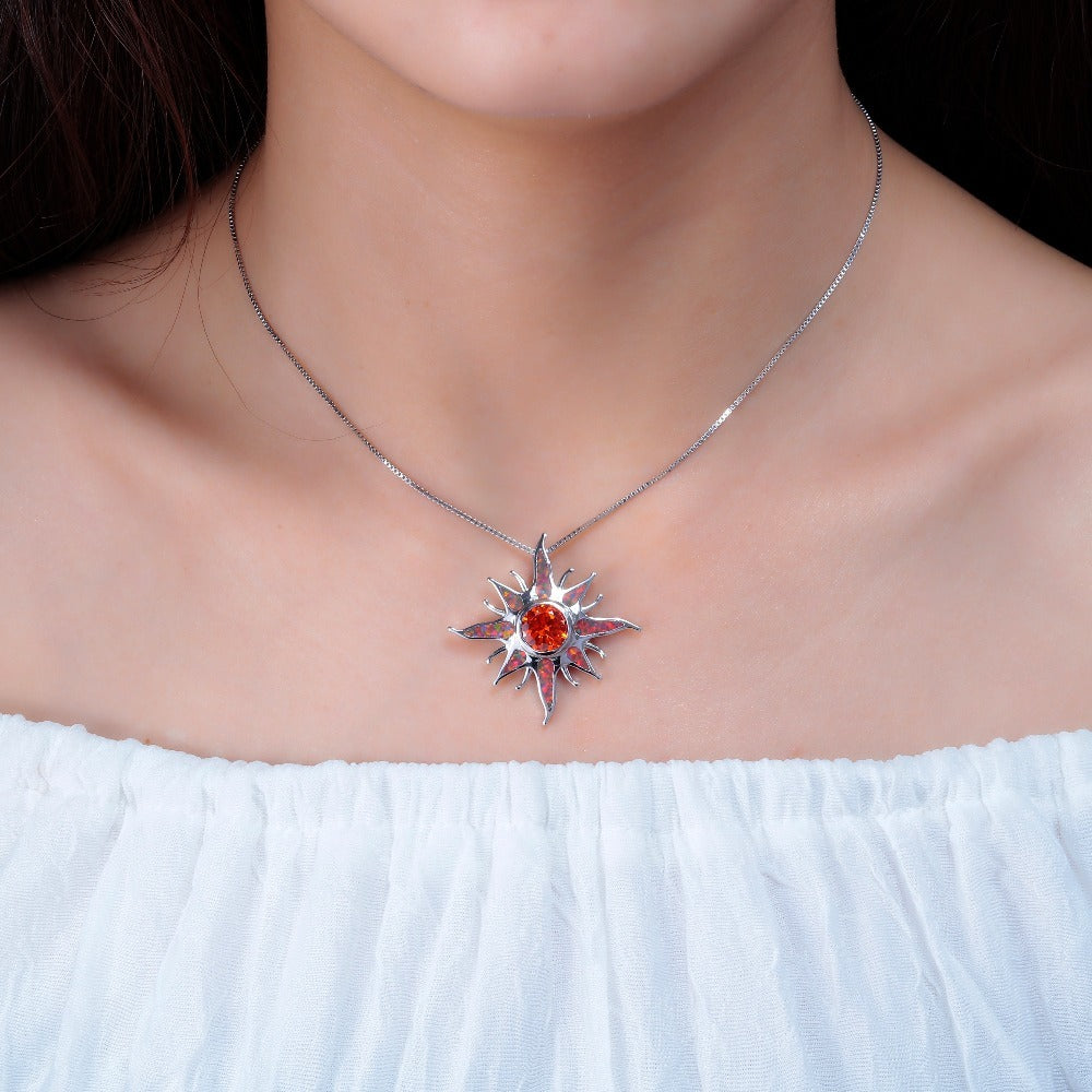 Yani – Necklace Sunbeam Pendant with Fire Opal & Garnet