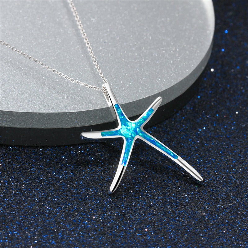 Starla – Silver Necklace Featuring Starfish and Blue Opal