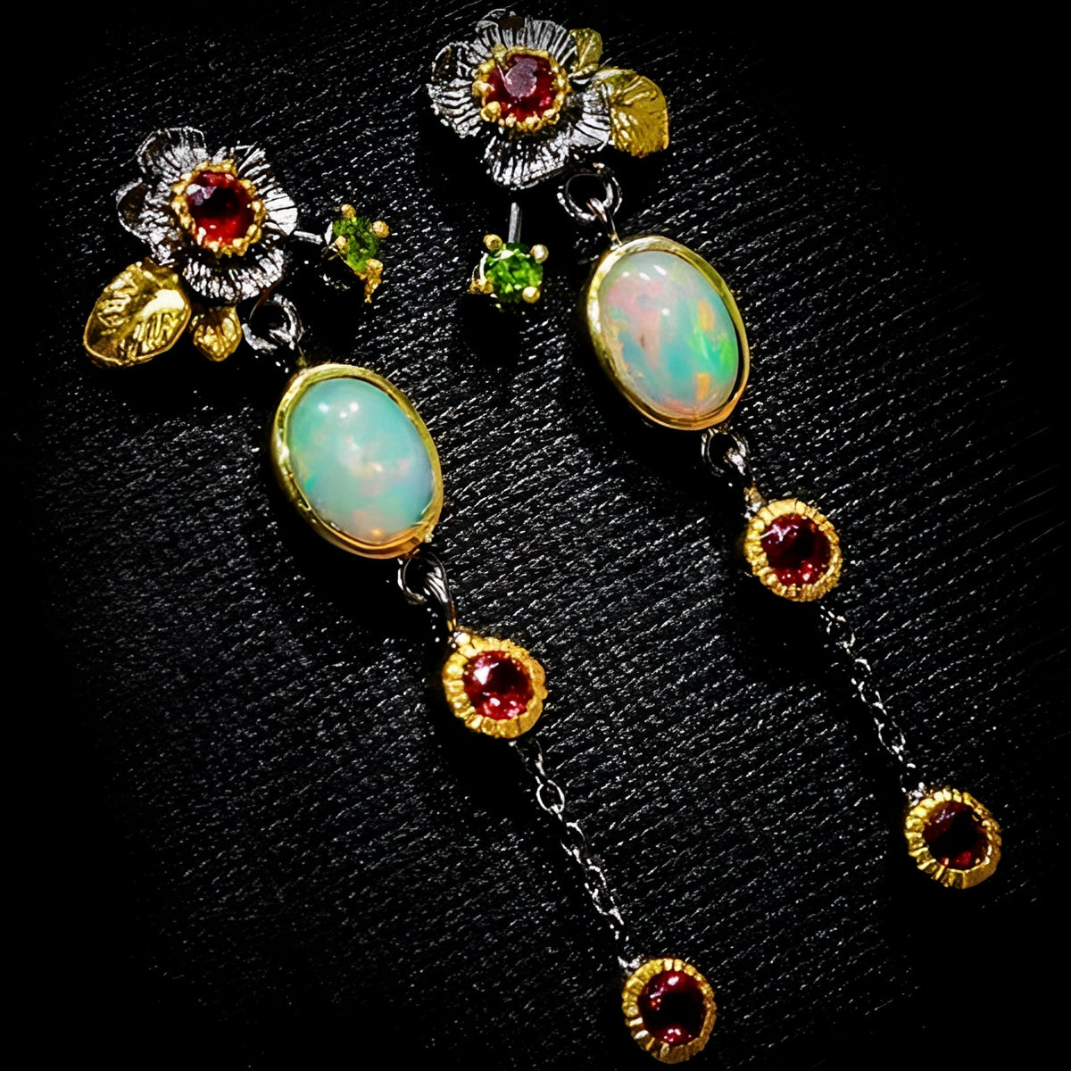 Yara – Boho earrings featuring opal and red zirconia