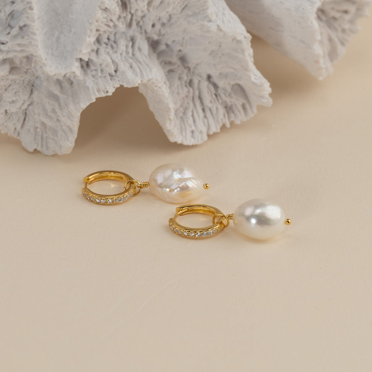 Wella - Pearl Golden Zirconia Hoop Earrings