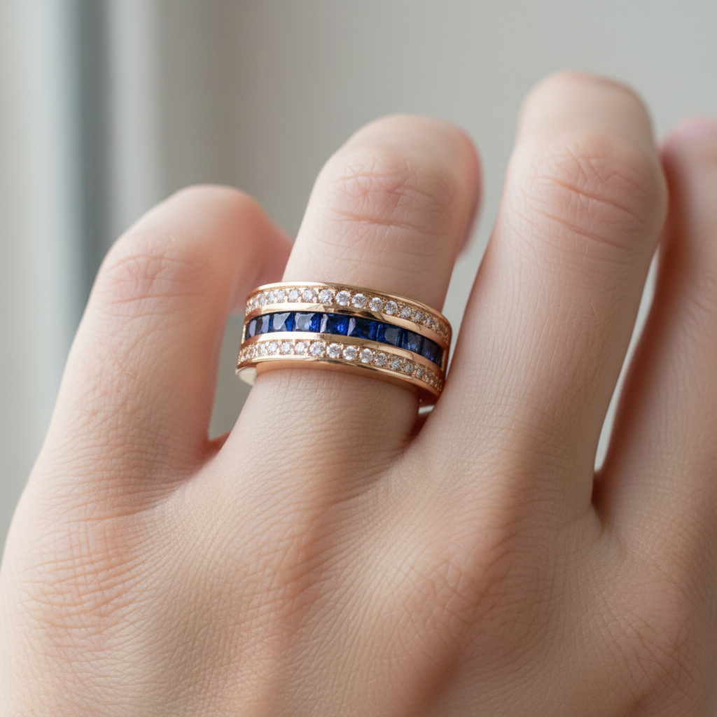 Ronan – Men's square ring featuring crystals & gold-plated sapphire