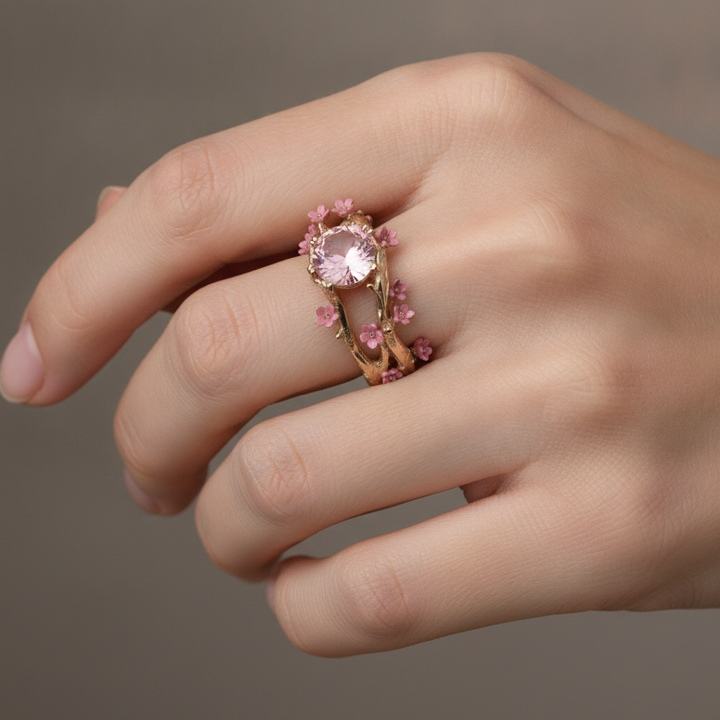 Elina – Enchanted Gold Ring with Pink Crystal and Flower