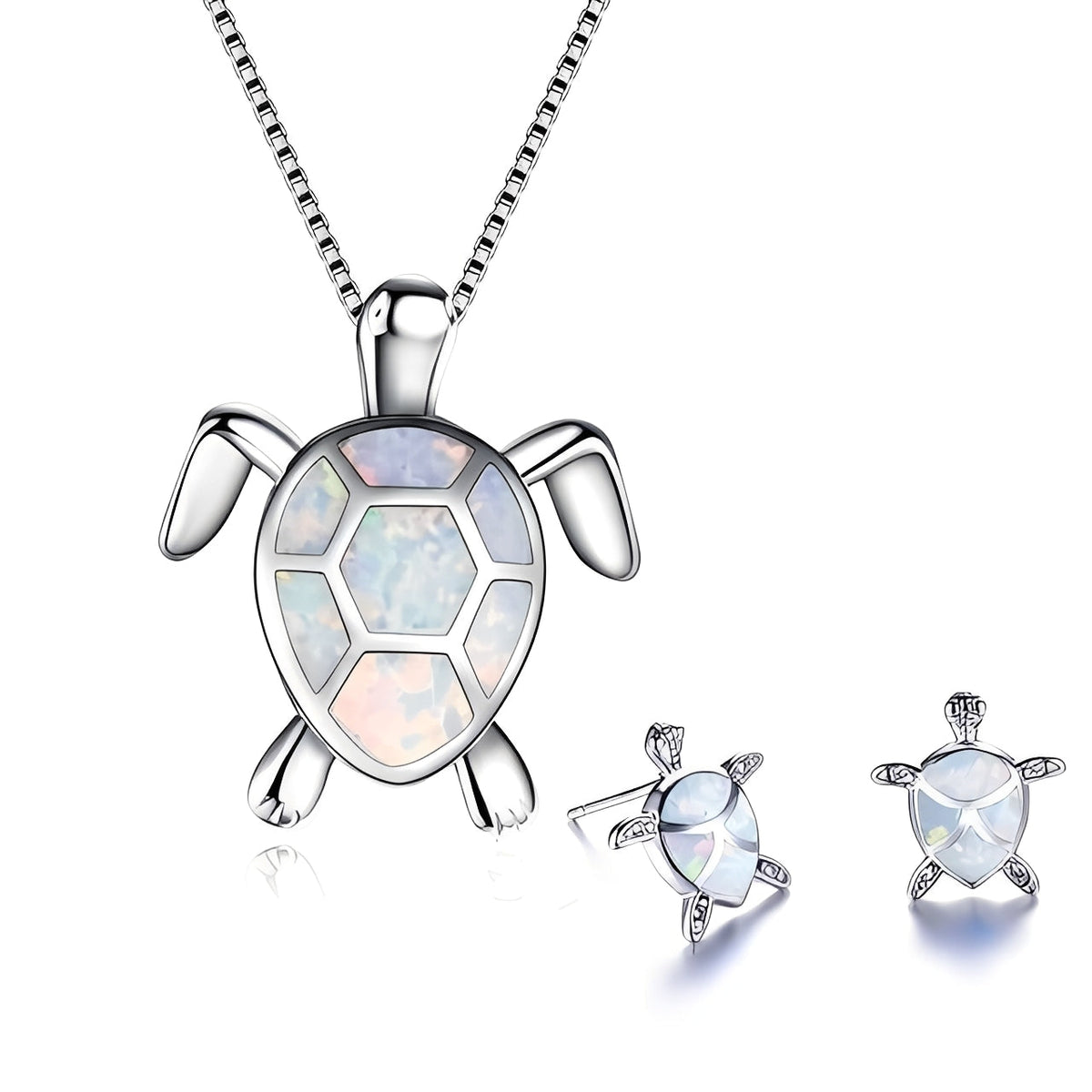 Kailea – Turtle Jewelry Set Crafted from Opal and Silver (Necklace + Earrings)