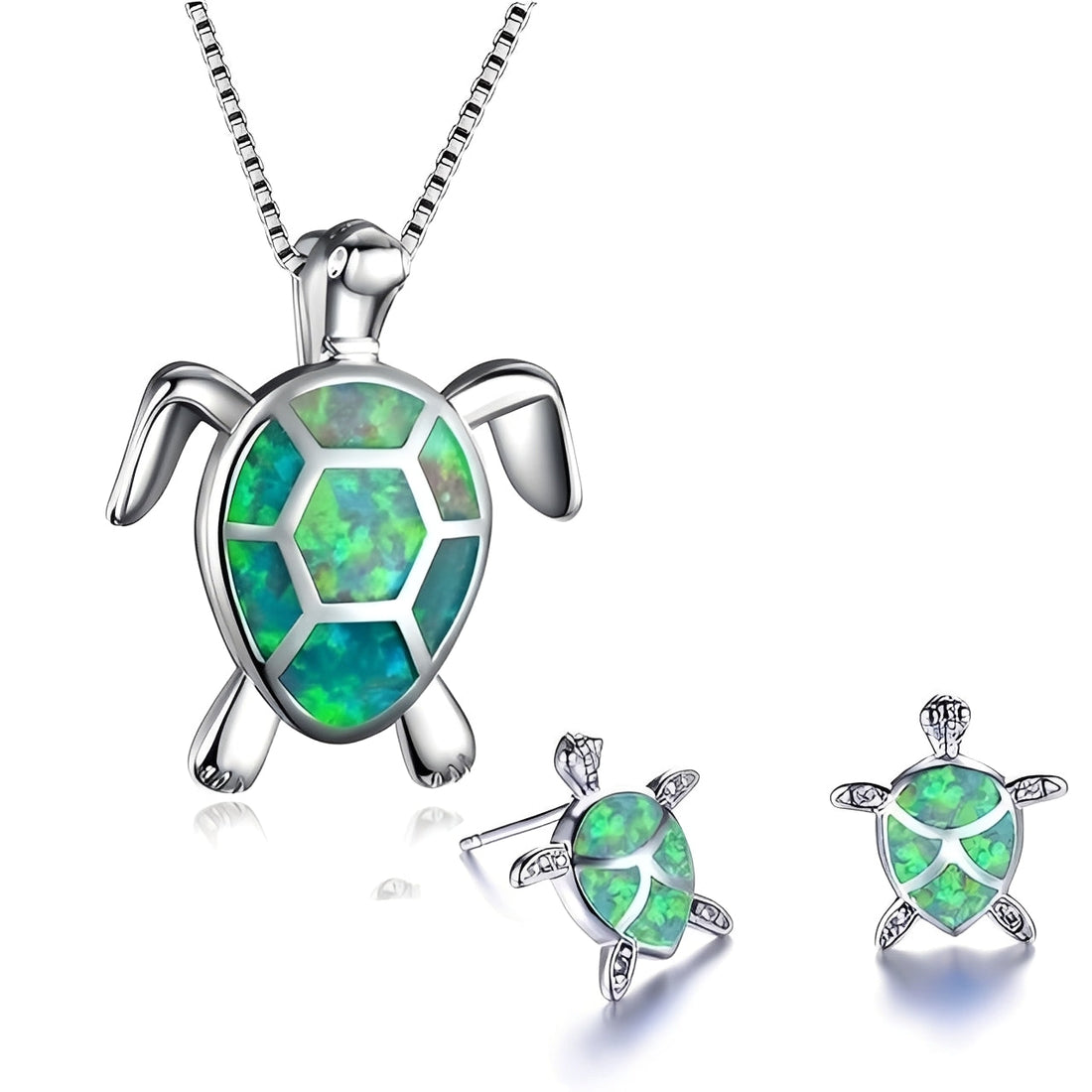 Kailea – Turtle Jewelry Set Crafted from Opal and Silver (Necklace + Earrings)