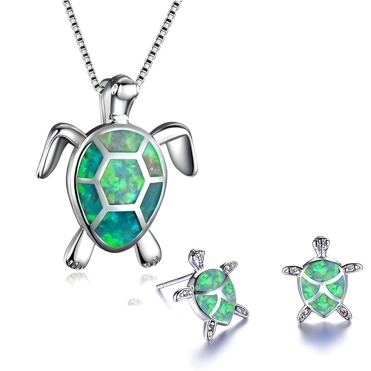 Kailea – Turtle Jewelry Set Crafted from Opal and Silver (Necklace + Earrings)