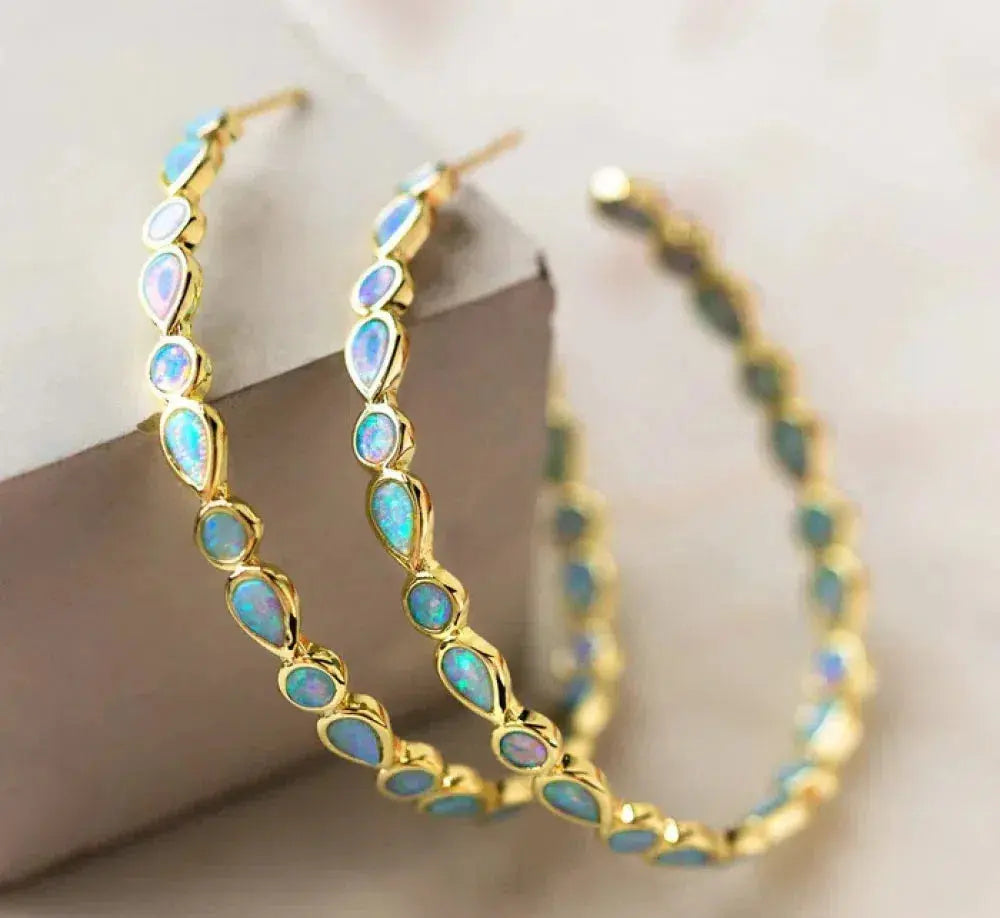Radiant Elegance - Blue Opal Golden Drop Earrings